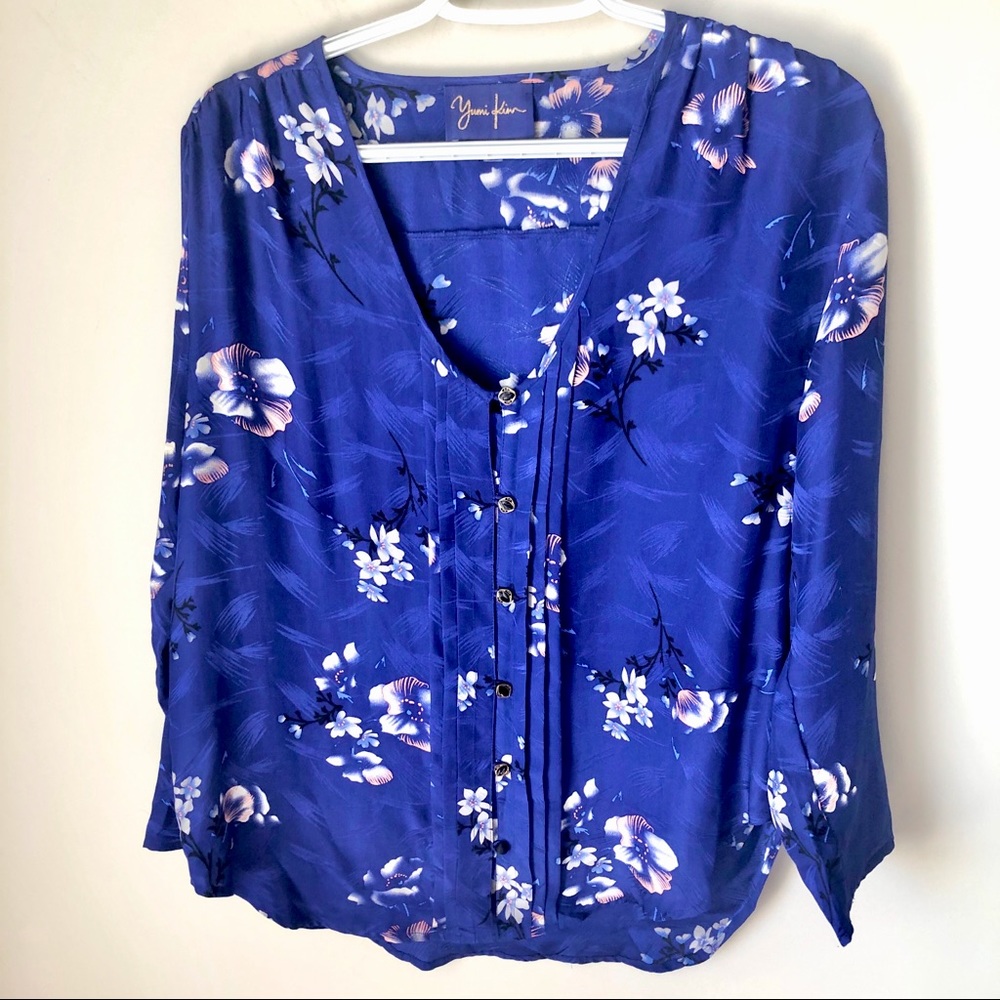 Yumi‎ Kim Blue Geisha Floral 100% Silk Longsleeve Blouse Medium
